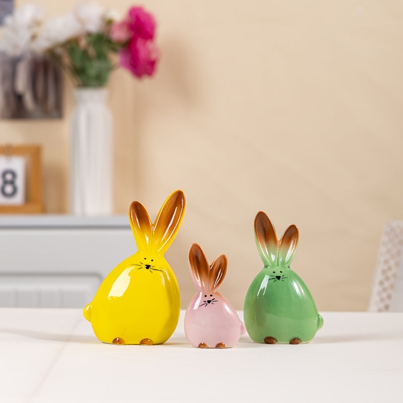 Tnessential Elegant Ceramic Rabbit Figurine Set of 3 with Rare Pink 3D Decor