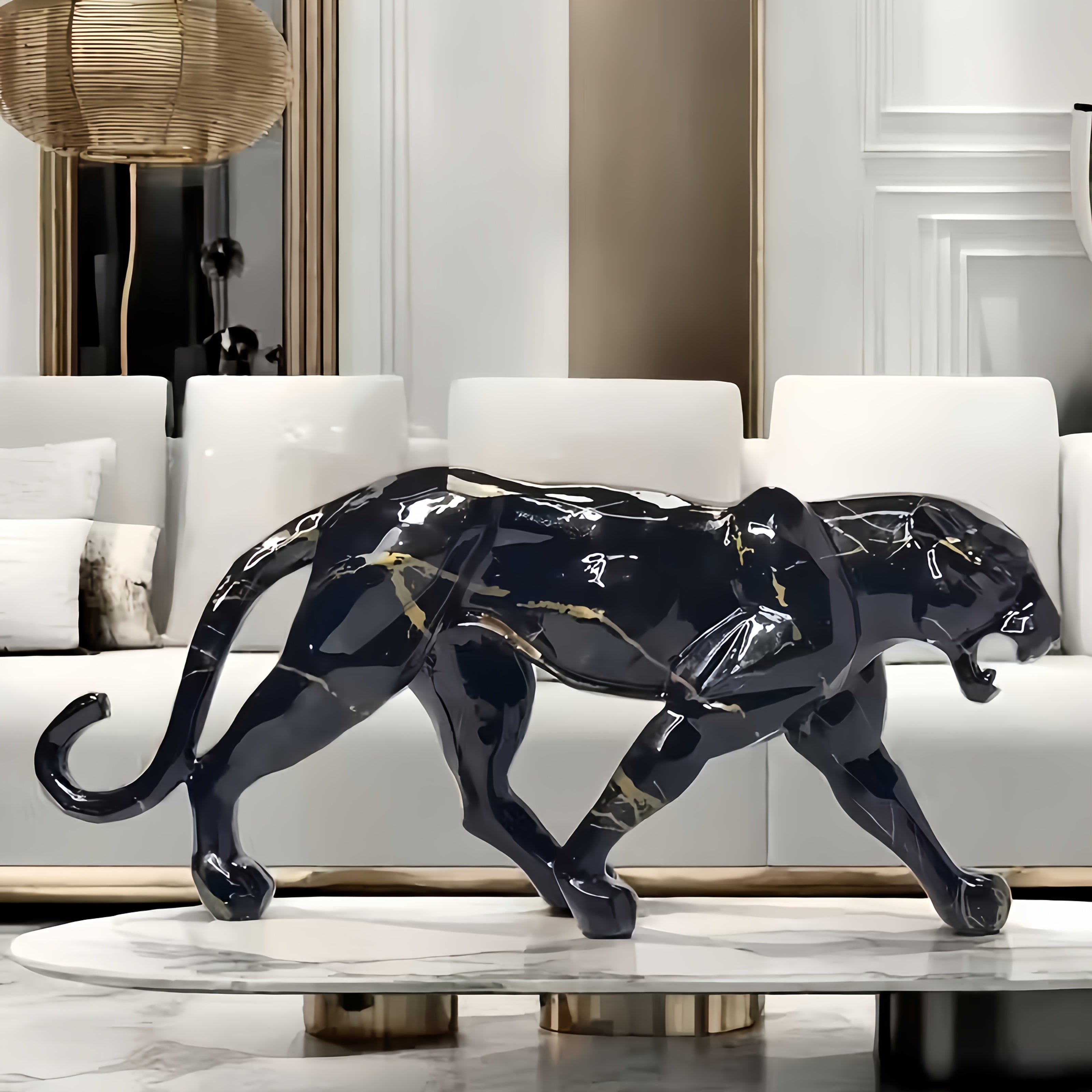 Tnessential Creative Black and Golden Cheetah Resin Statue 3D Decor