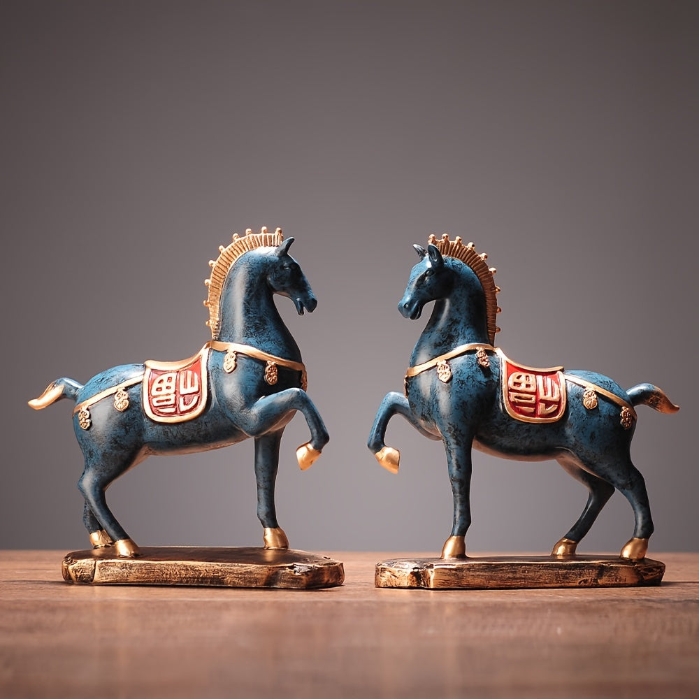 Tnessential Elegant Hand-painted Blue and Golden Horse Sculpture 3D Decor