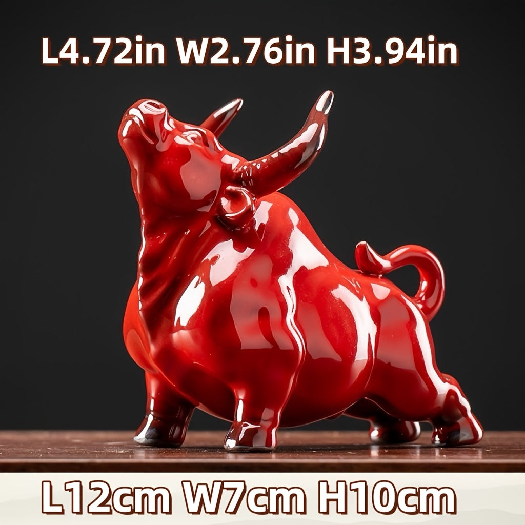 Tnessential Ceramic Red Zodiac Cow Tea Pet Decoration for Tabletop Ox 3D Decor