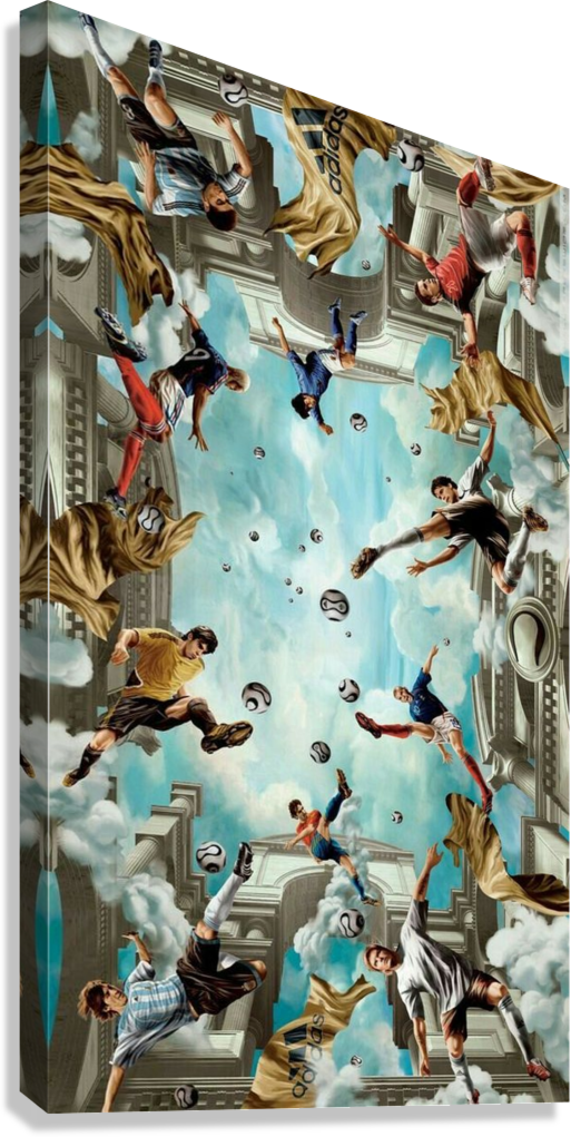 WORLD FOOTBALL ICONS FLOATING IN A HEAVENLY STADIUM CANVAS POSTER