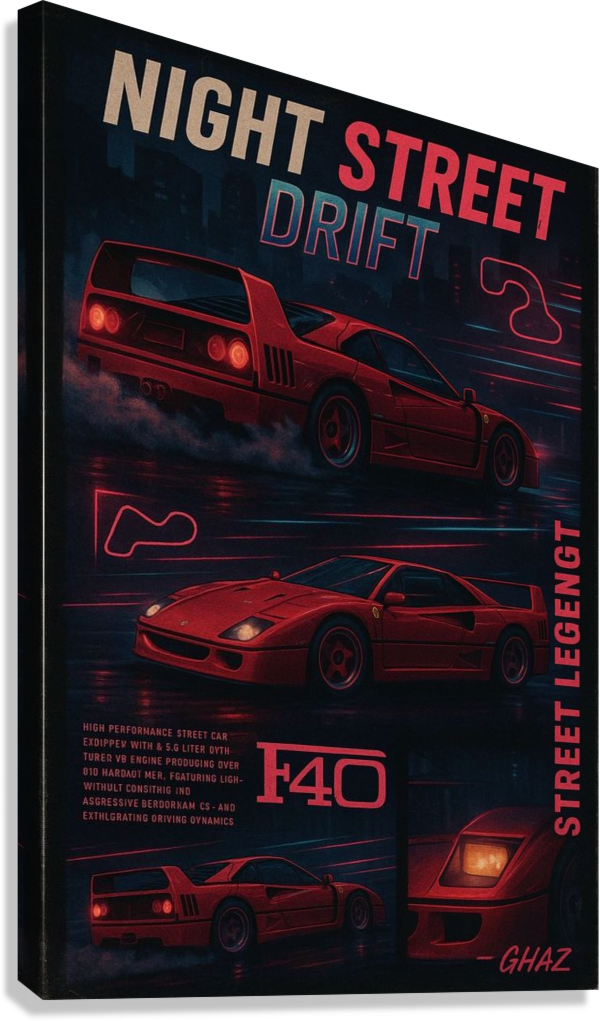 FERRARI F40 NIGHT STREET DRIFT NEON CITY SPEED CANVAS POSTER