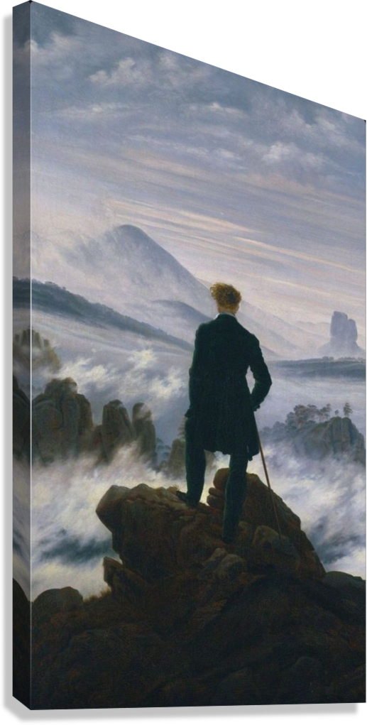 LONE FIGURE OVERLOOKING INFINITE MIST MOUNTAIN VISION CANVAS POSTER