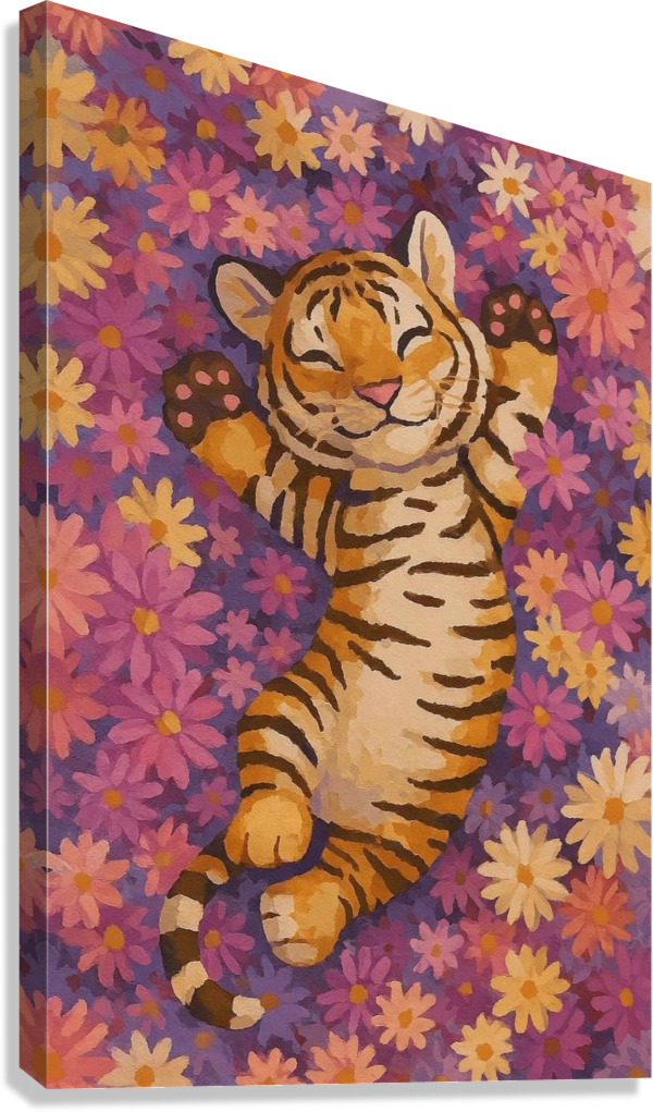 HAPPY TIGER FLORAL ILLUSTRATION CANVAS POSTER