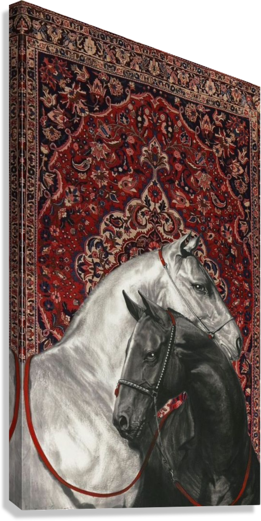 MAJESTIC BLACK AND WHITE HORSES PERSIAN RUG CANVAS POSTER