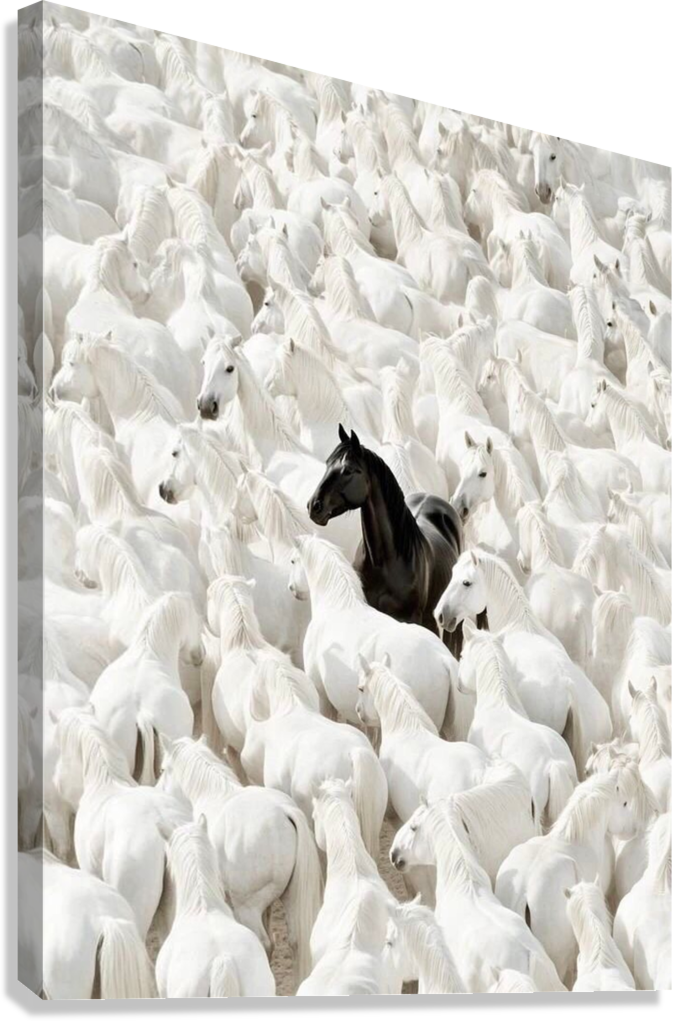 UNIQUE BLACK STALLION IN WHITE HORSES CANVAS POSTER