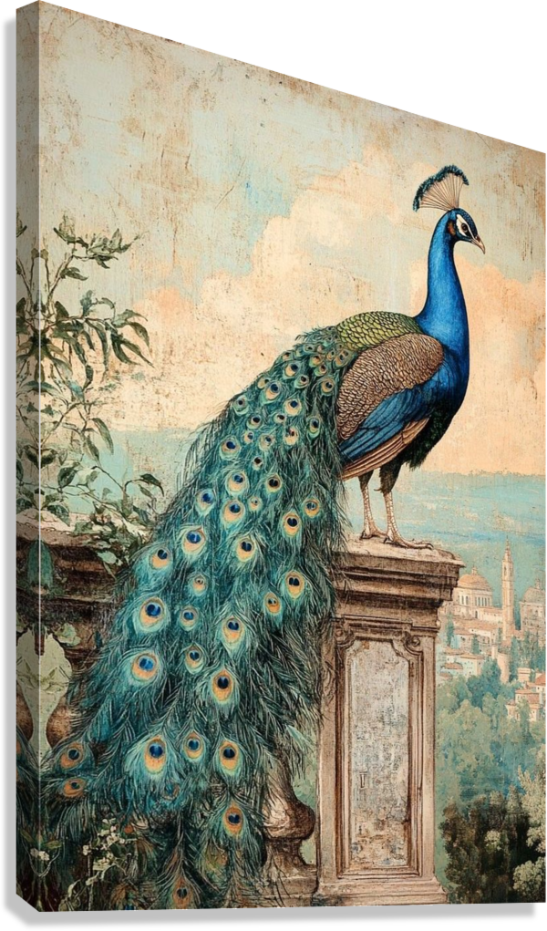 ELEGANT PEACOCK VINTAGE LANDSCAPE CANVAS POSTER