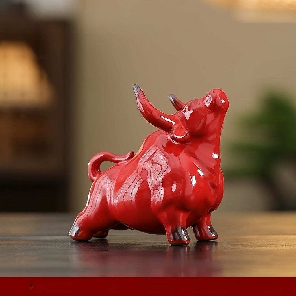 Tnessential Ceramic Red Zodiac Cow Tea Pet Decoration for Tabletop Ox 3D Decor