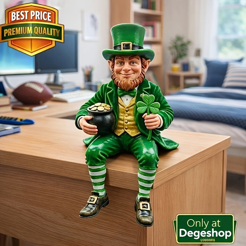Tnessential Sitting Leprechaun Figurine with Pot of Golden and Shamrock 3D Decor