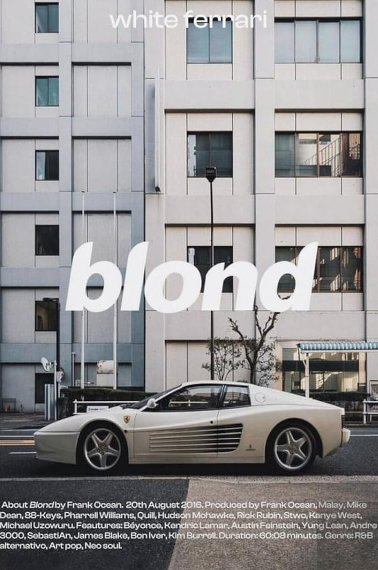 BLOND BY FRANK OCEAN WHITE FERRARI CANVAS POSTER