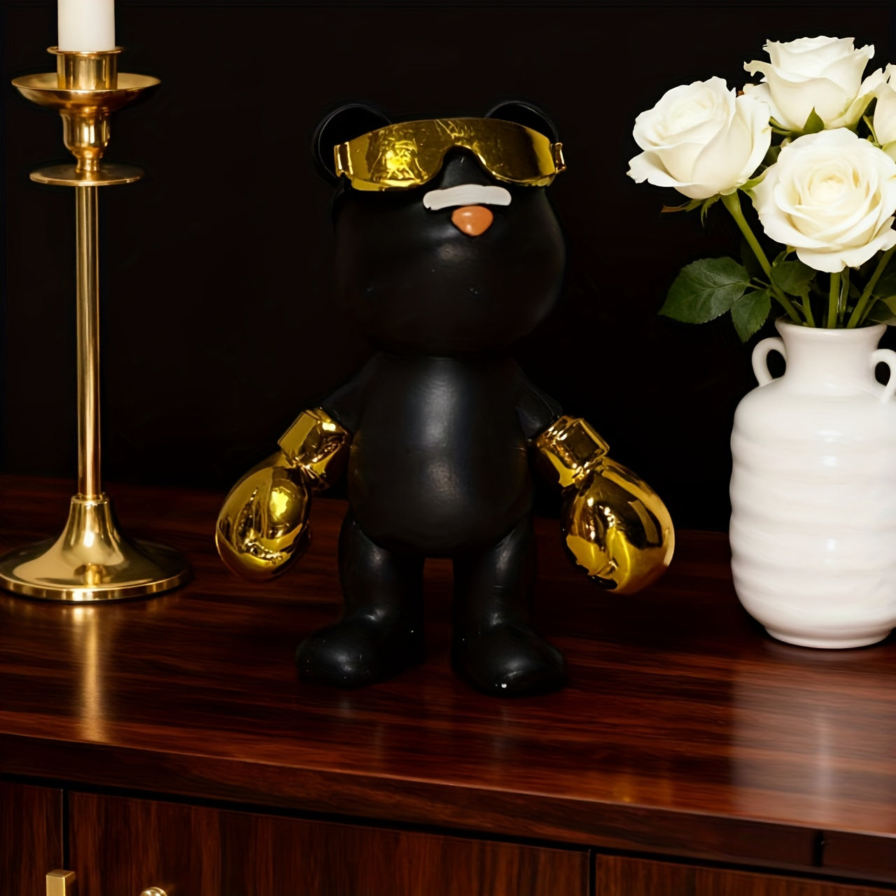 Tnessential Black and Golden Boxing Bear Style Decorative Ornament 3D Decor