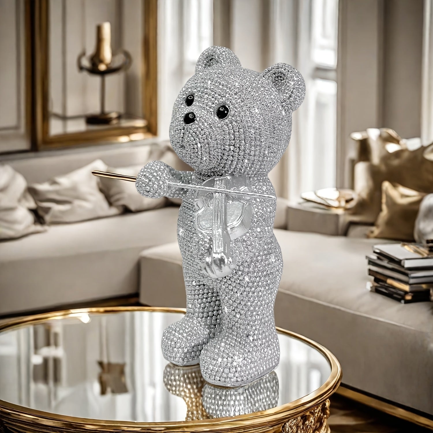 Tnessential Beautiful Beaded Bear Violinist Statue 3D Decor