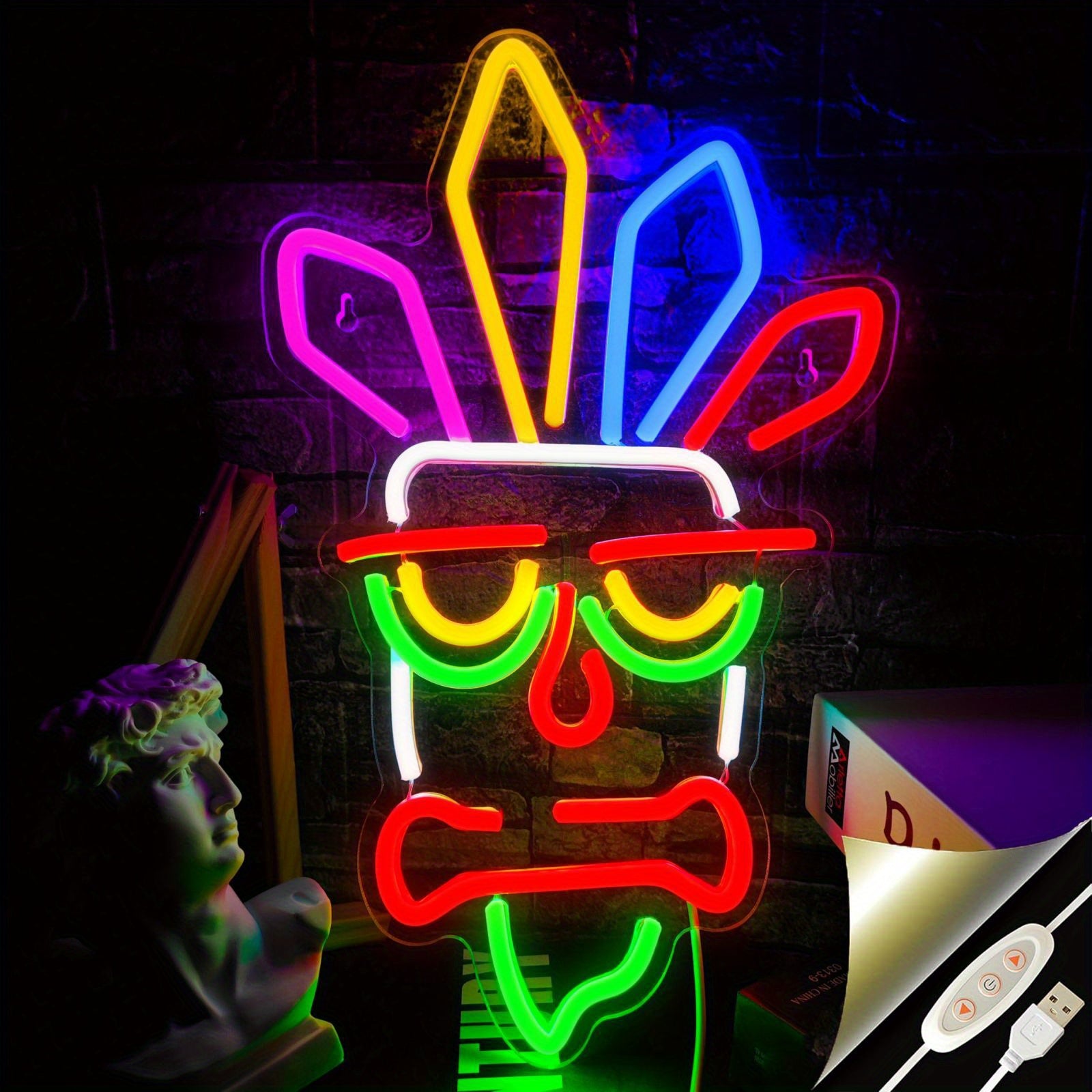 Tnessential Vibrant RGB LED Tiki Mask Neon Sign 3D Decor
