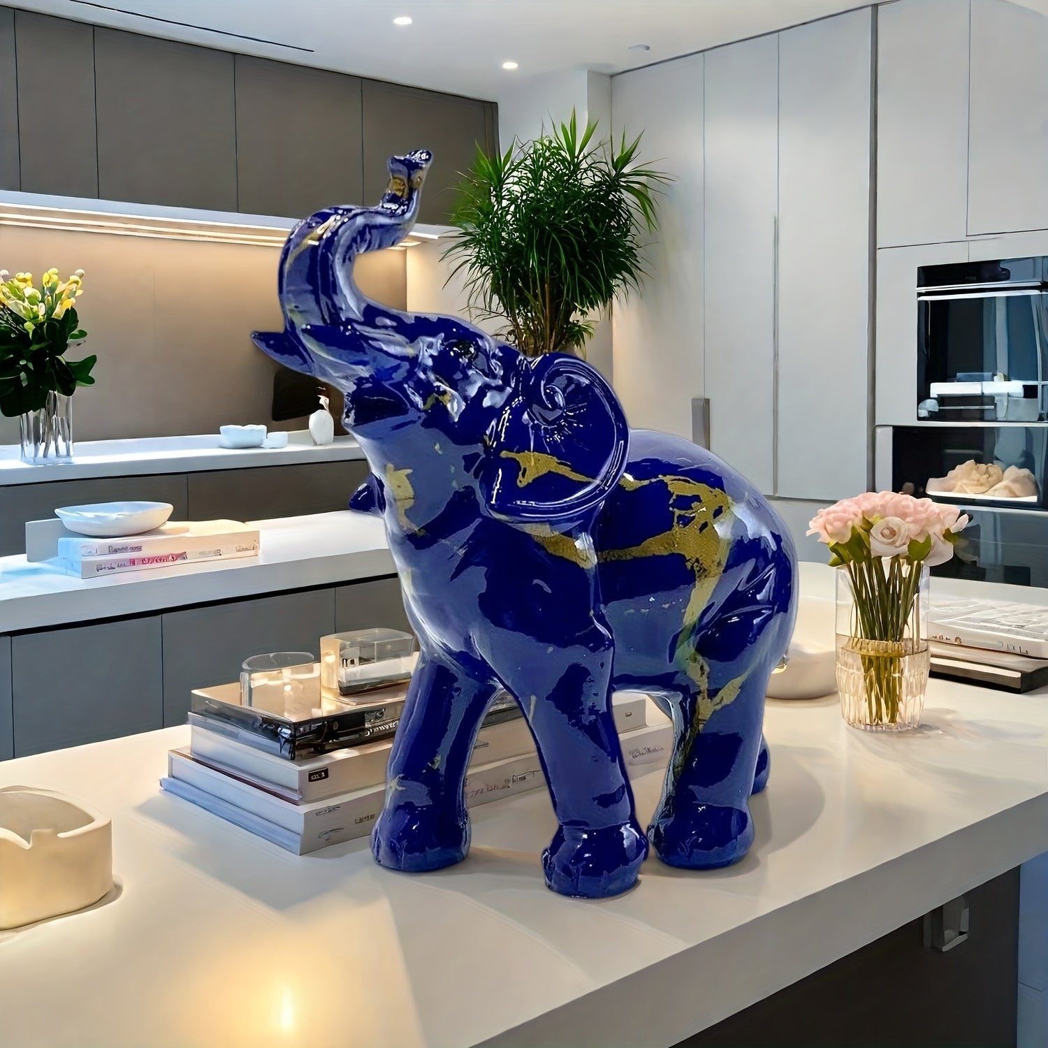 Tnessential Dark Blue Resin Elephant Statue with Golden Accents 3D Decor