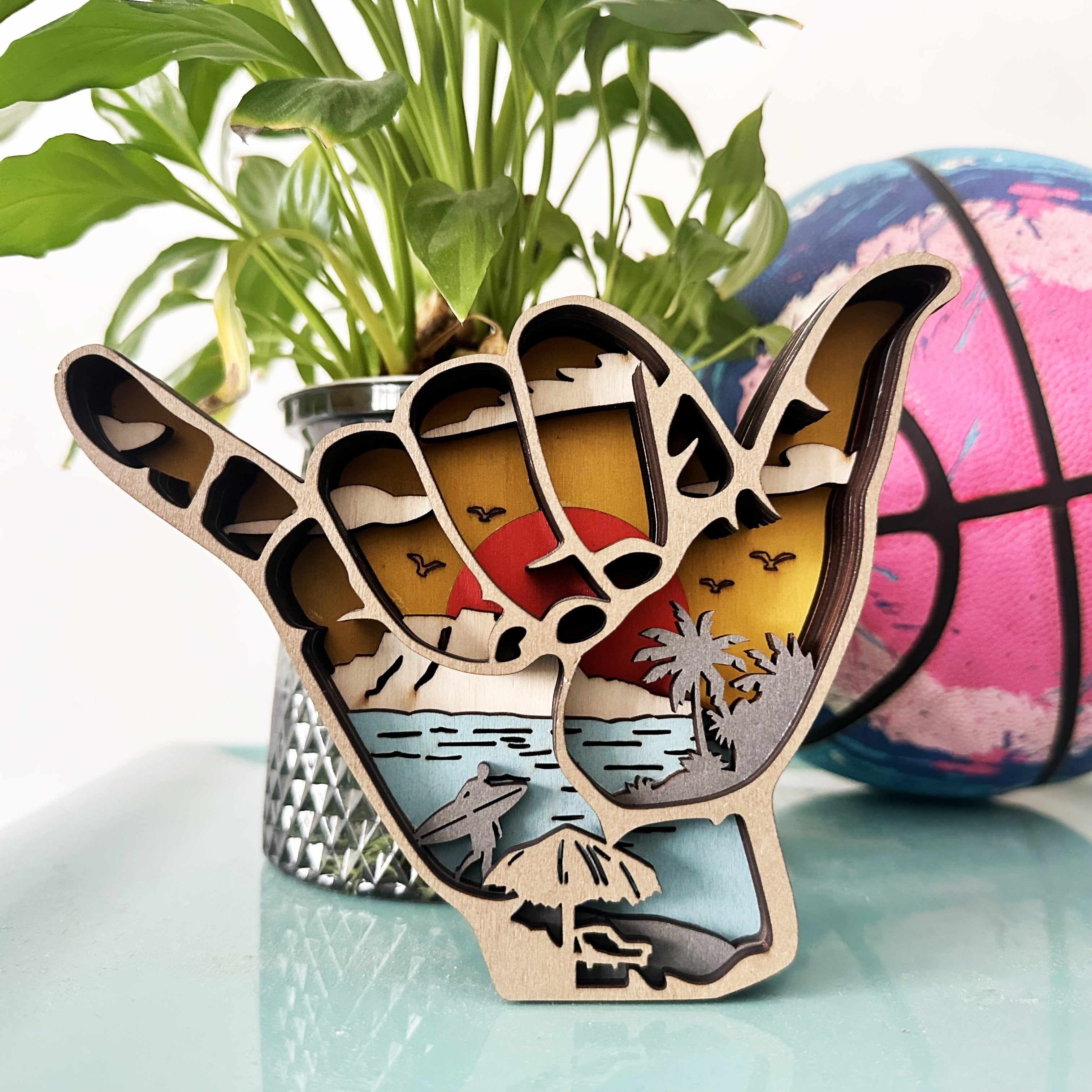Tnessential SHAKA Hawaiian Sunset Vacation Wooden Hand Gesture Decor 3D Decor