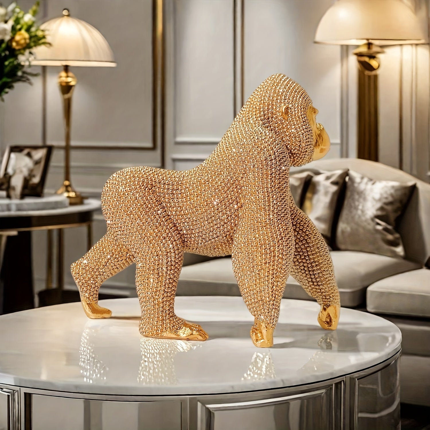 Tnessential Shiny Golden Dot Gorilla Statue Decoration 3D Decor