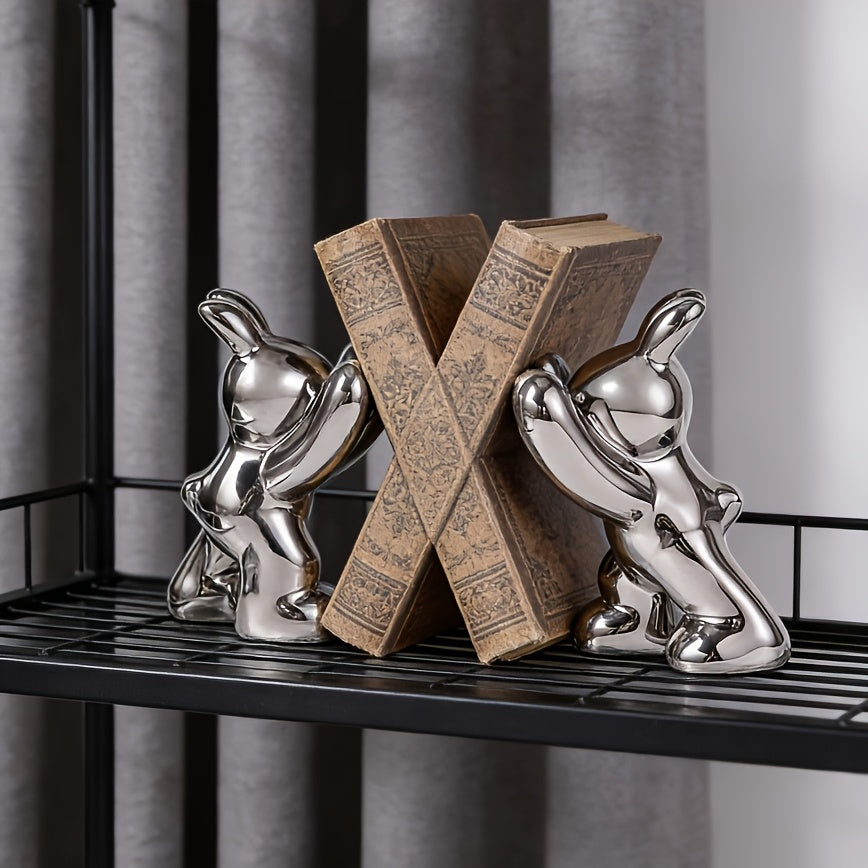 Tnessential Ceramic Rabbit Bookend with a High-end Silvery Plating 3D Decor