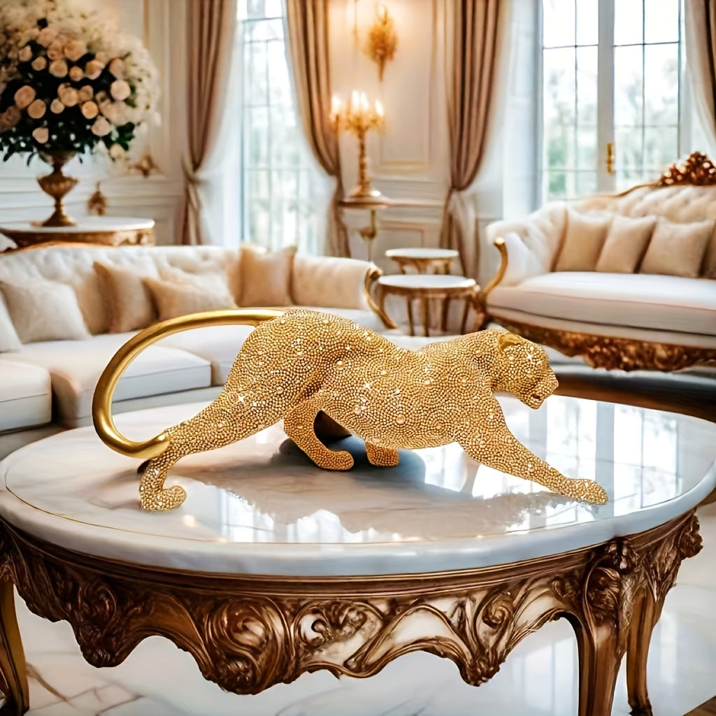 Tnessential Luxurious Golden Bead Leopard Resin Bead Art Sculpture 3D Decor