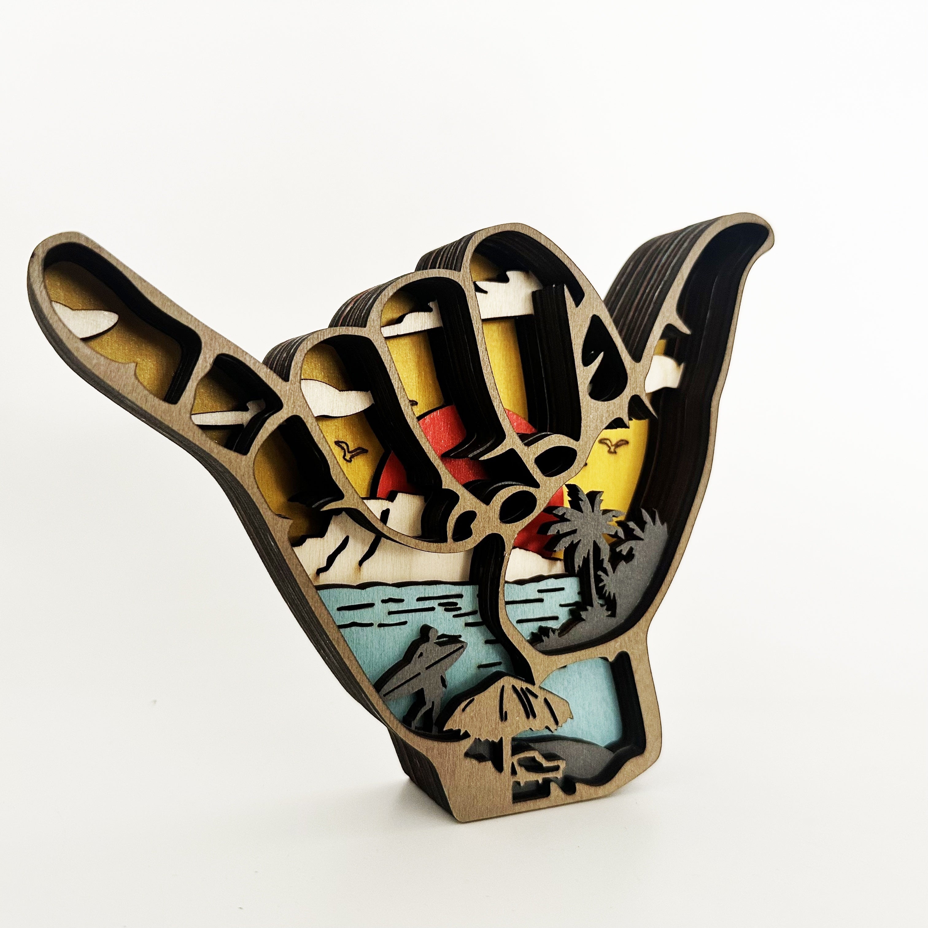 Tnessential SHAKA Hawaiian Sunset Vacation Wooden Hand Gesture Decor 3D Decor