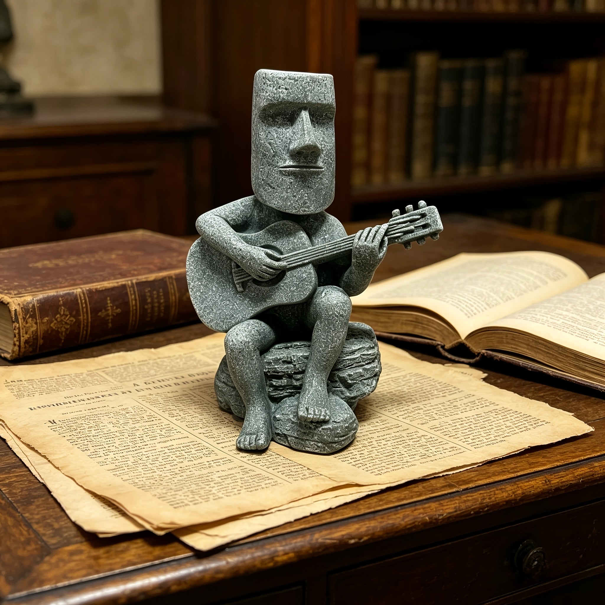 Tnessential Green Sandstone Moai Statue Figurine Creative Rocking 3D Decor