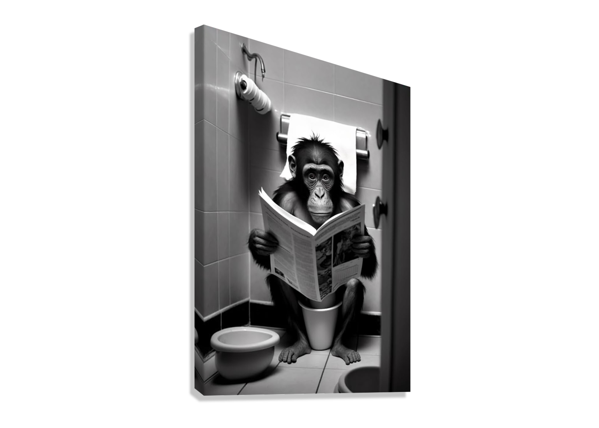 CUTE AND FUNNY MONKEY IN BATHROOM CANVAS POSTER