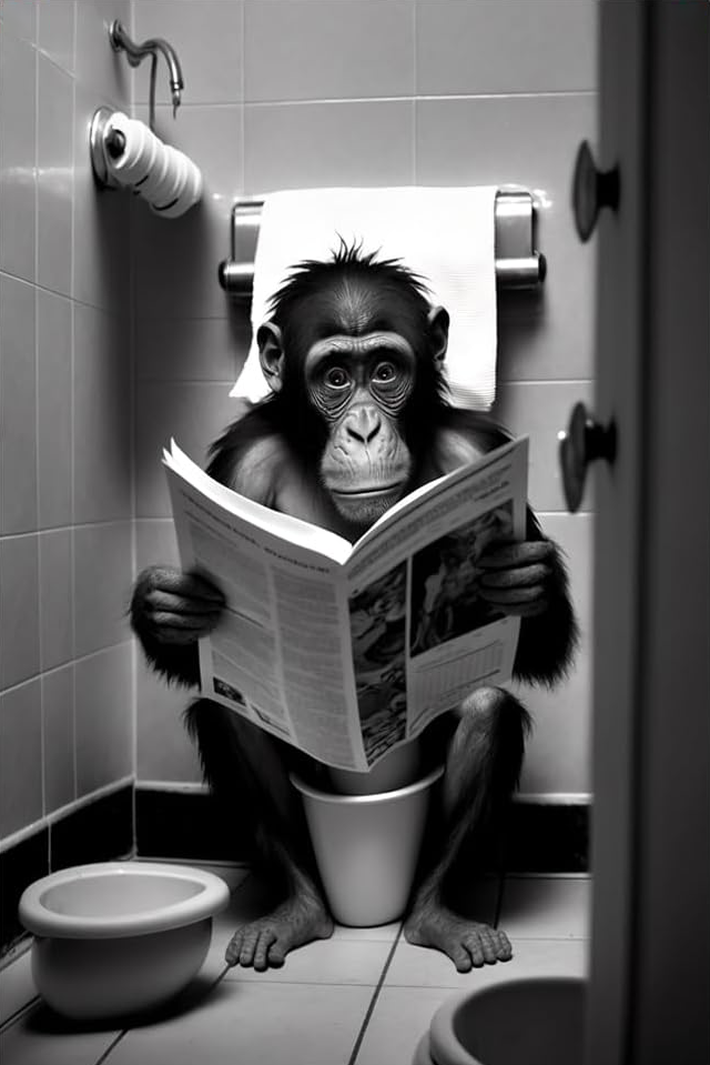 CUTE AND FUNNY MONKEY IN BATHROOM CANVAS POSTER