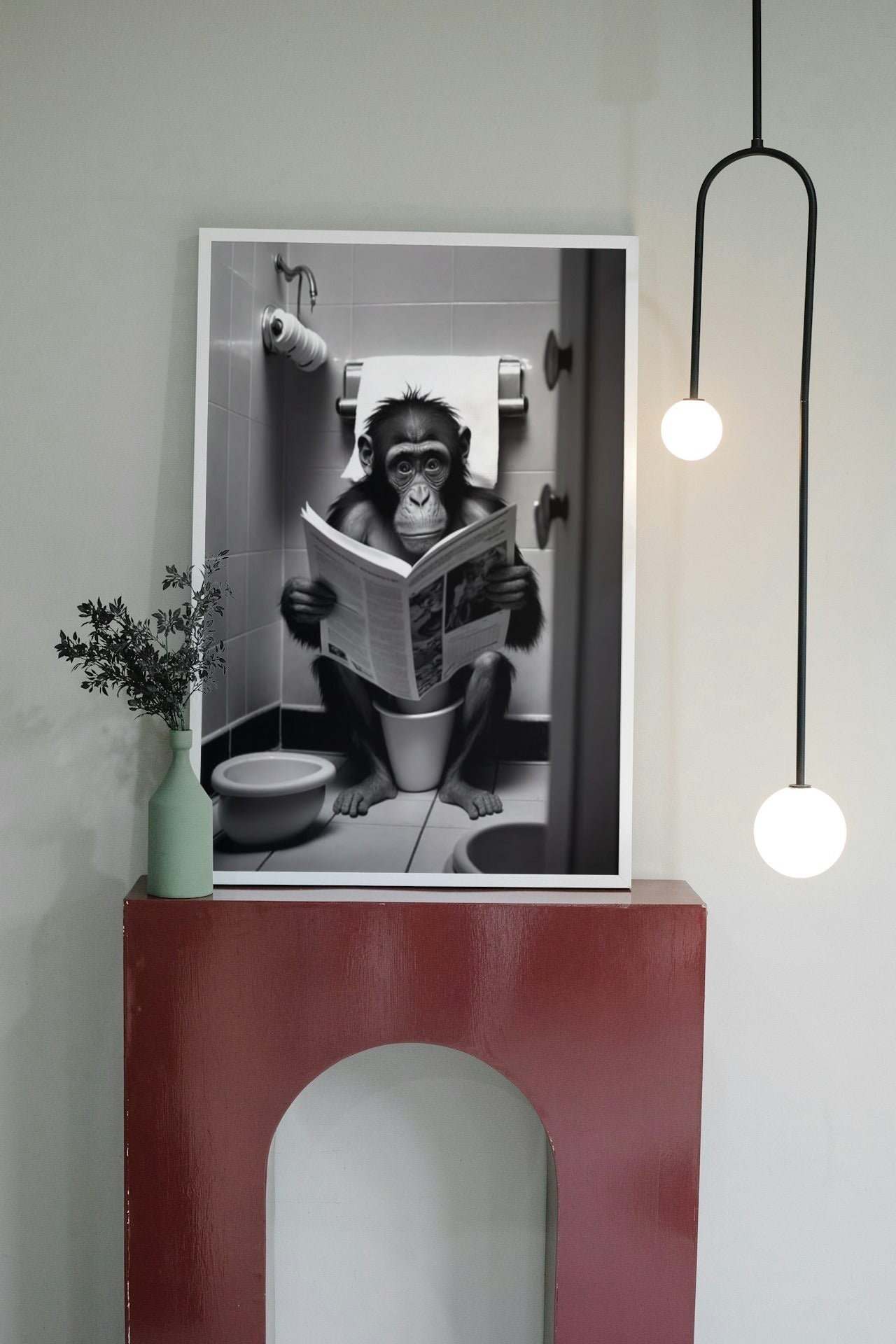 CUTE AND FUNNY MONKEY IN BATHROOM CANVAS POSTER
