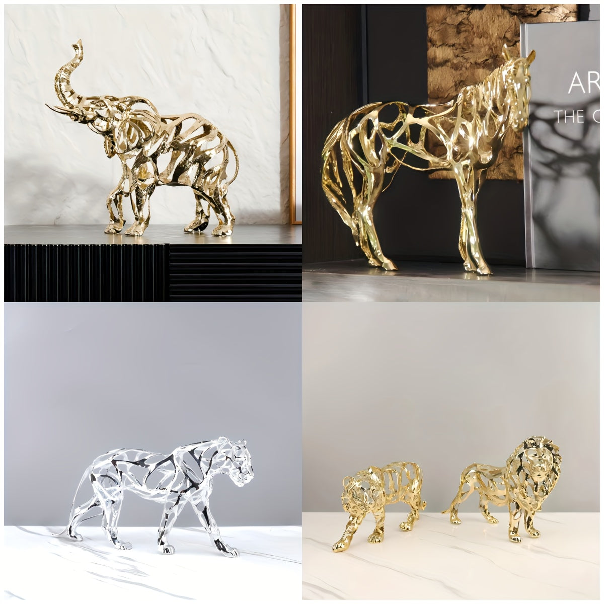Tnessential Elegant Golden Metal Lion\u002fleopard\u002felephant\u002flion\u002fmount\u002ftiger Sculpture 3D Decor