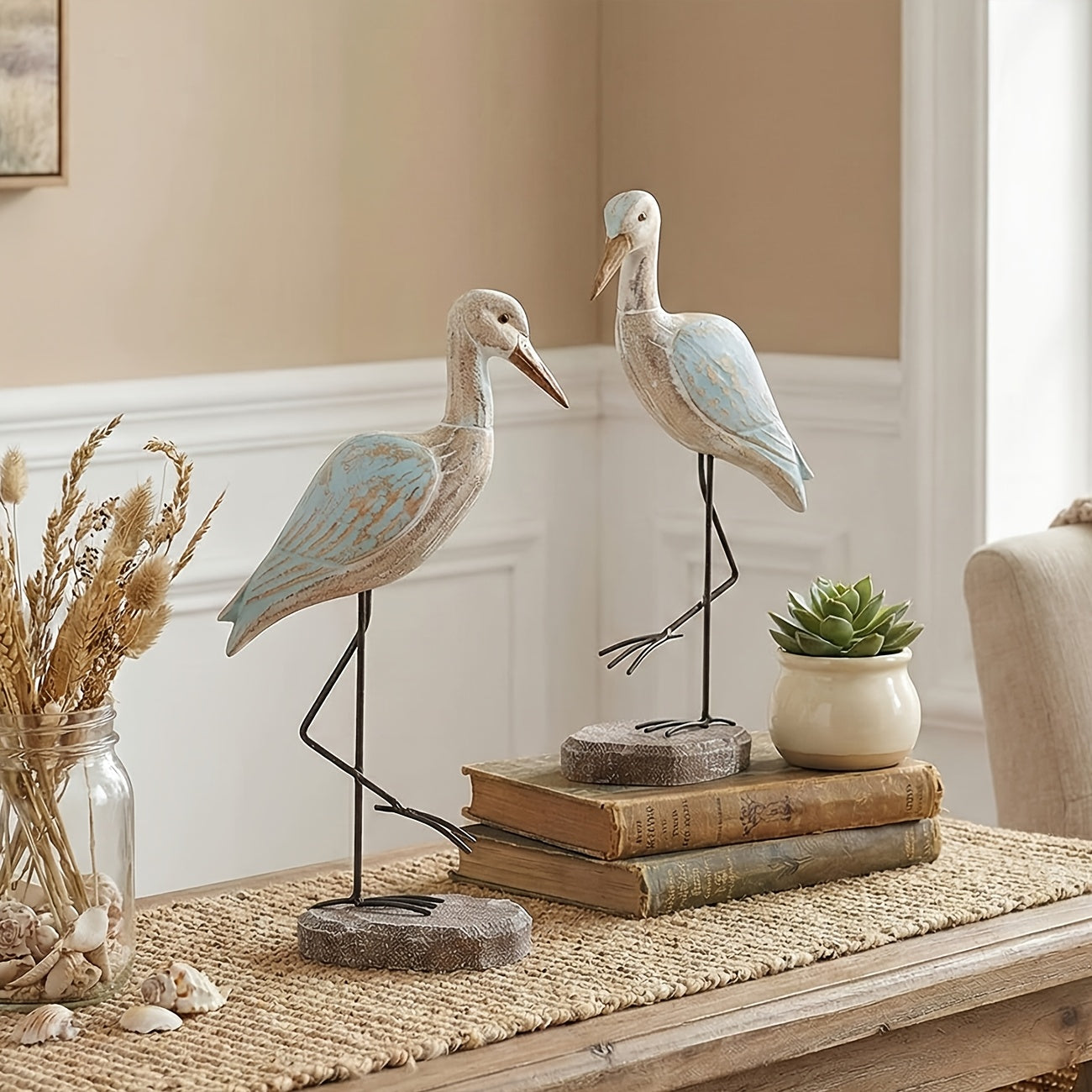 Tnessential Mediterranean Style Single-legged Standing Seabird Wooden 3D Decor
