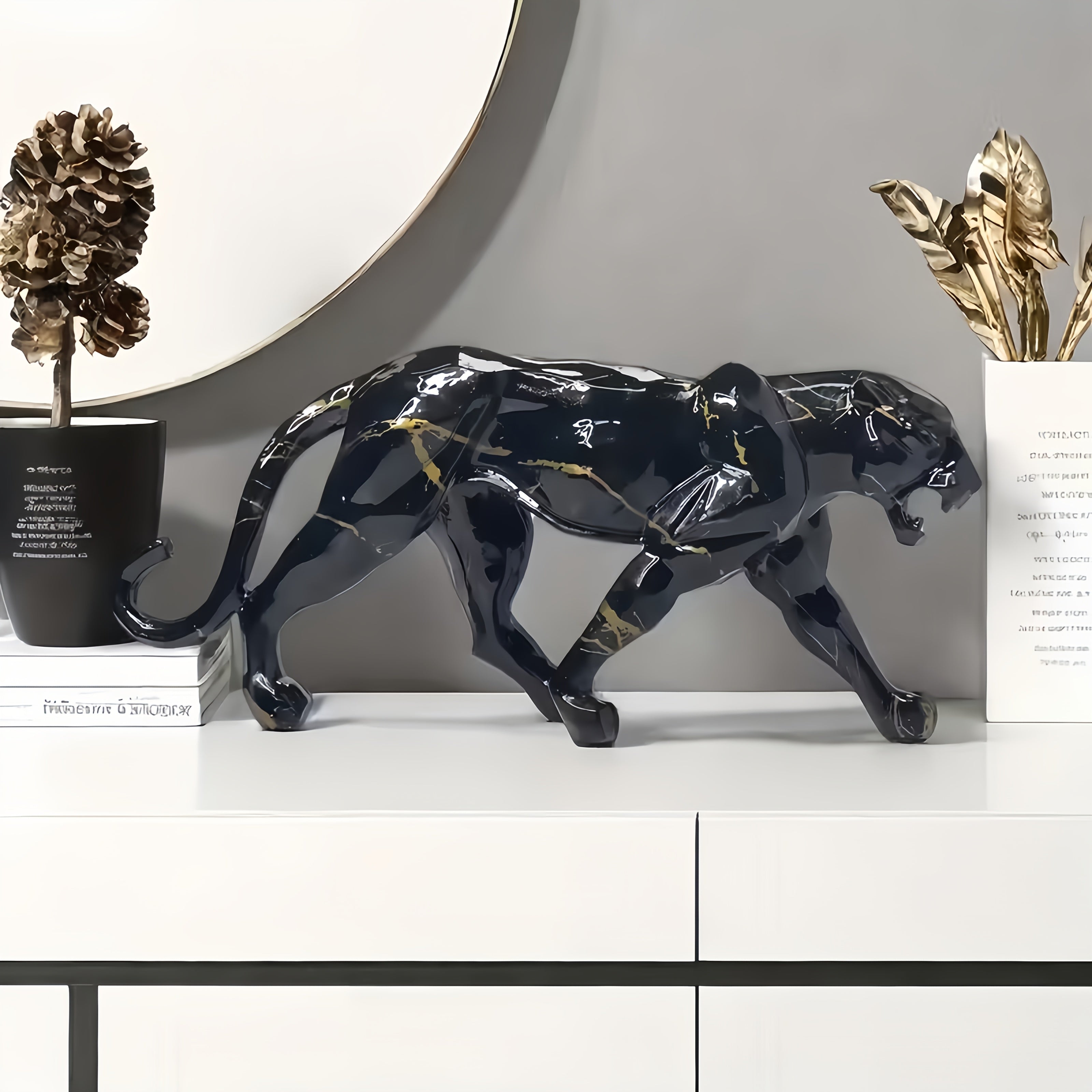 Tnessential Creative Black and Golden Cheetah Resin Statue 3D Decor