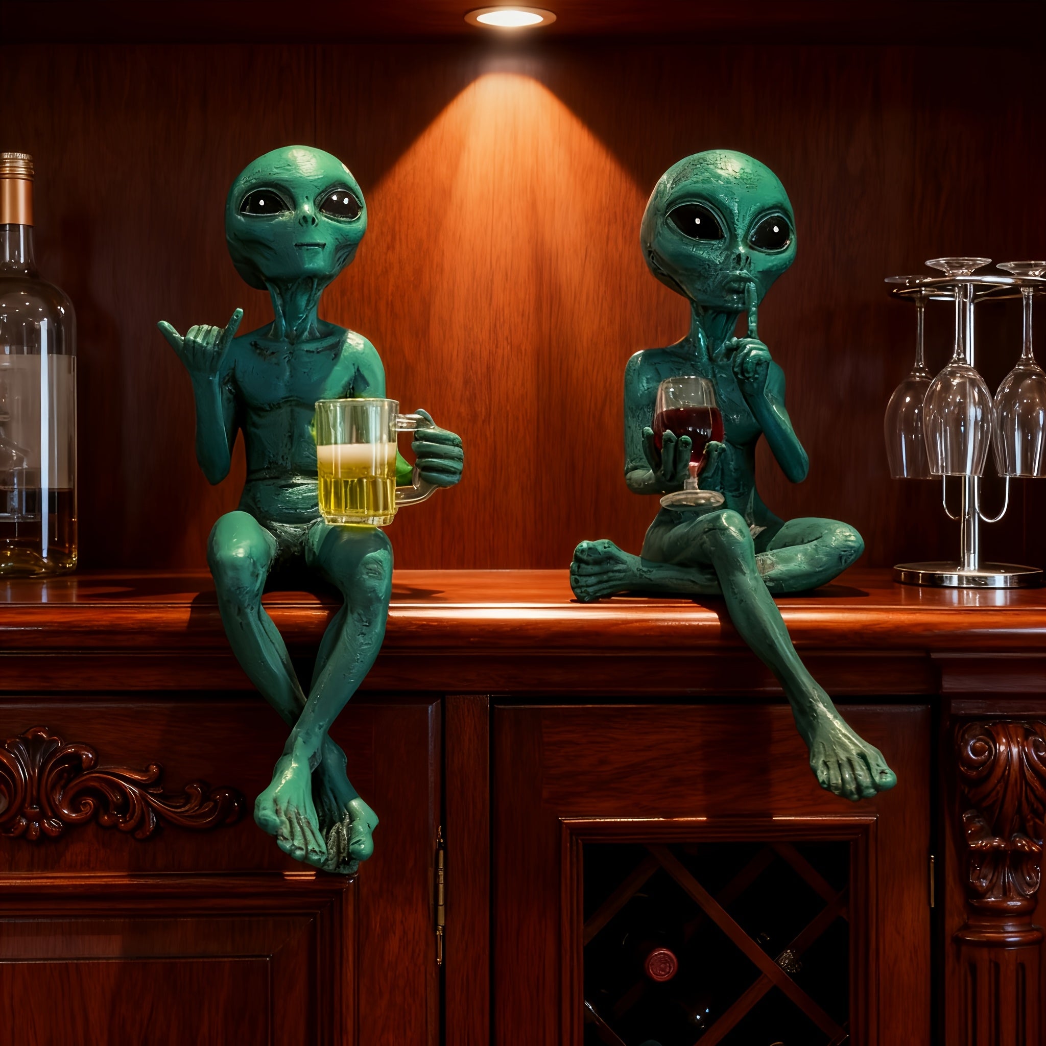 Tnessential Green Alien Drinking Resin Collectible Figurines 3D Decor