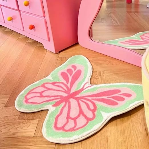 CUTE GREEN AND PINK BUTTERFLY RUG