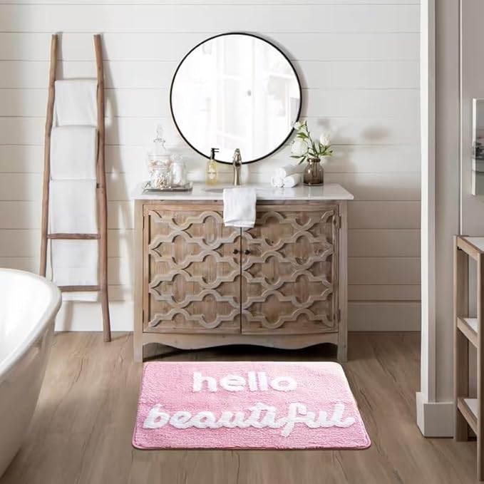 CUTE LIGHT PINK FLUFFY "HELLO BEAUTIFUL" RUG
