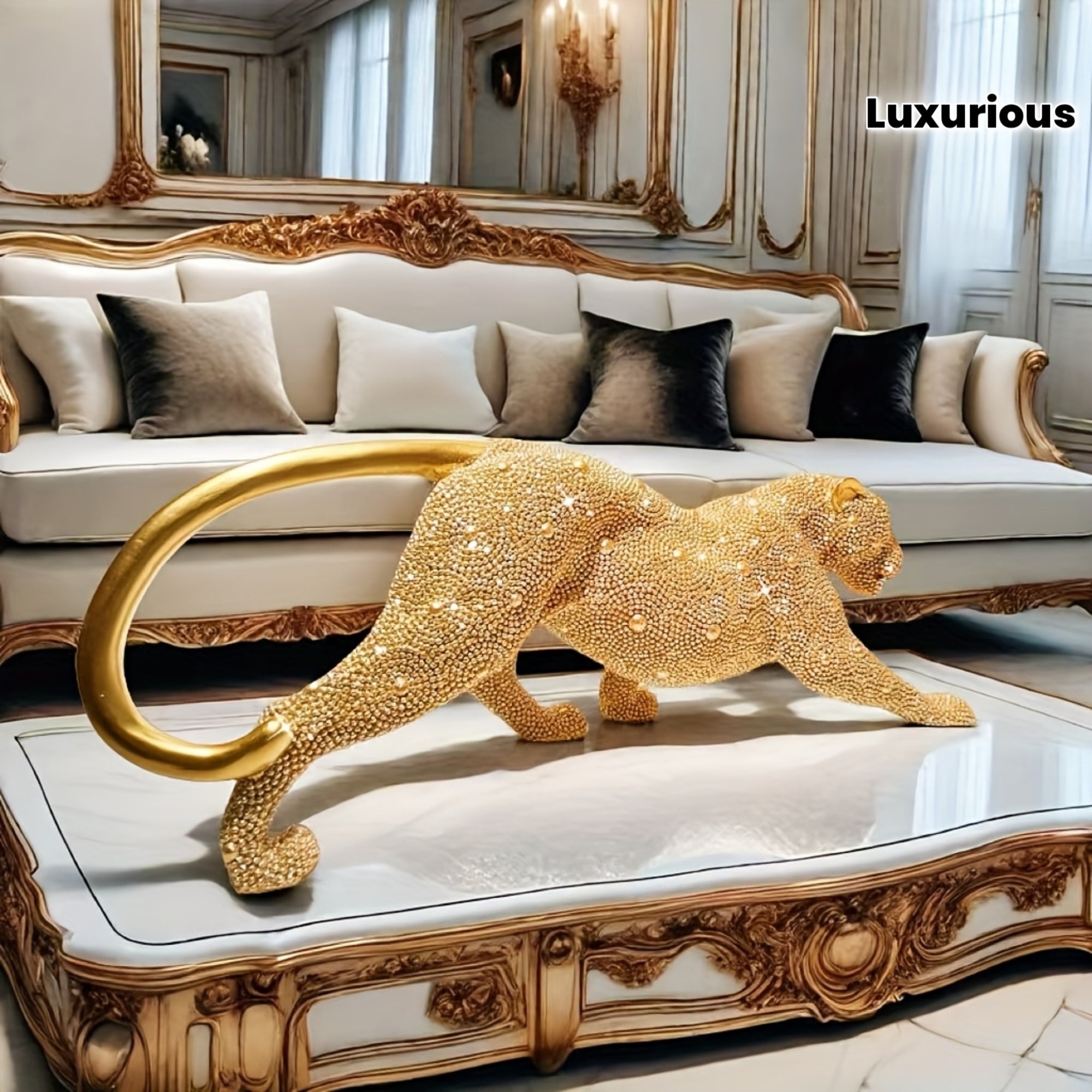 Tnessential Luxurious Golden Bead Leopard Resin Bead Art Sculpture 3D Decor
