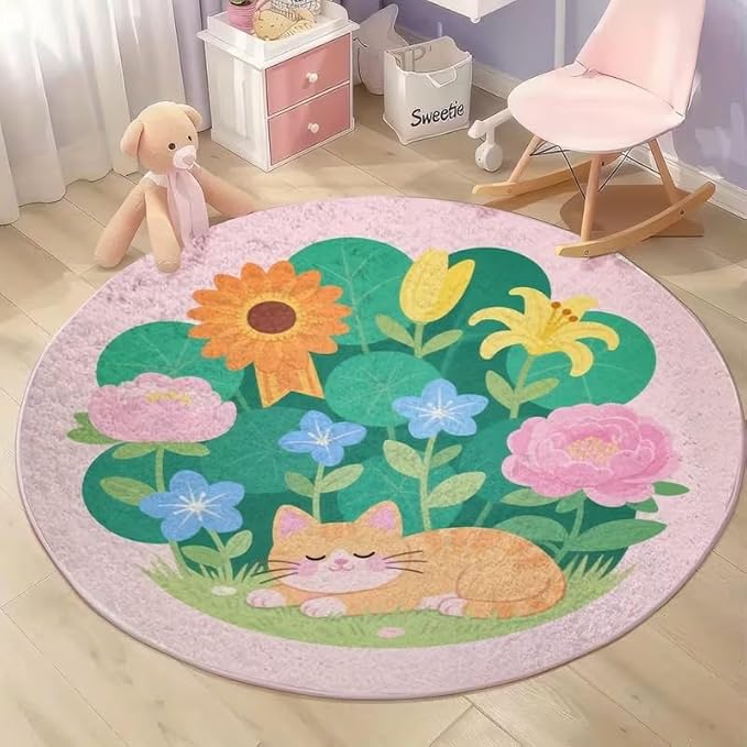 FLORAL CAT ROUND RUG