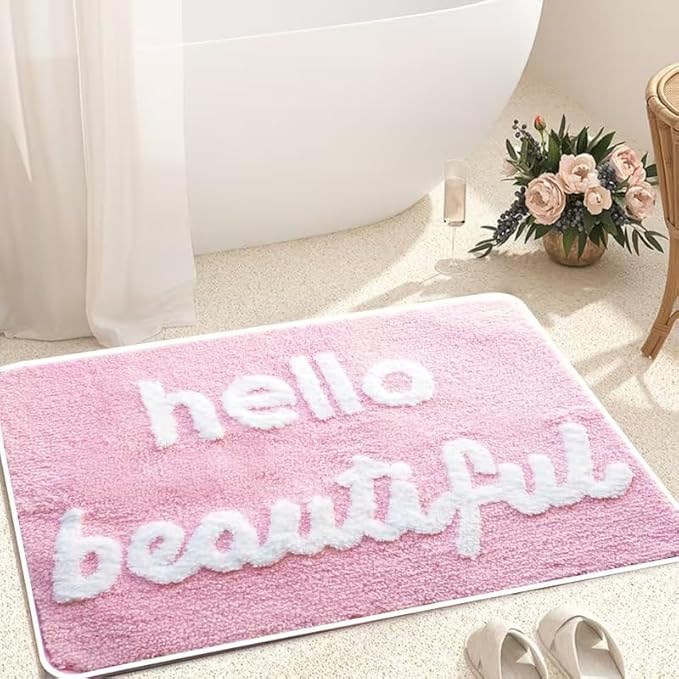 CUTE LIGHT PINK FLUFFY "HELLO BEAUTIFUL" RUG