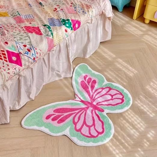 CUTE GREEN AND PINK BUTTERFLY RUG