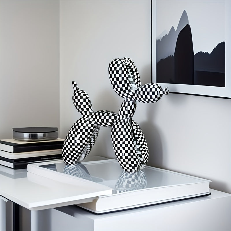 Tnessential Black and White Checkered Balloon Dog Sculpture 3D Decor