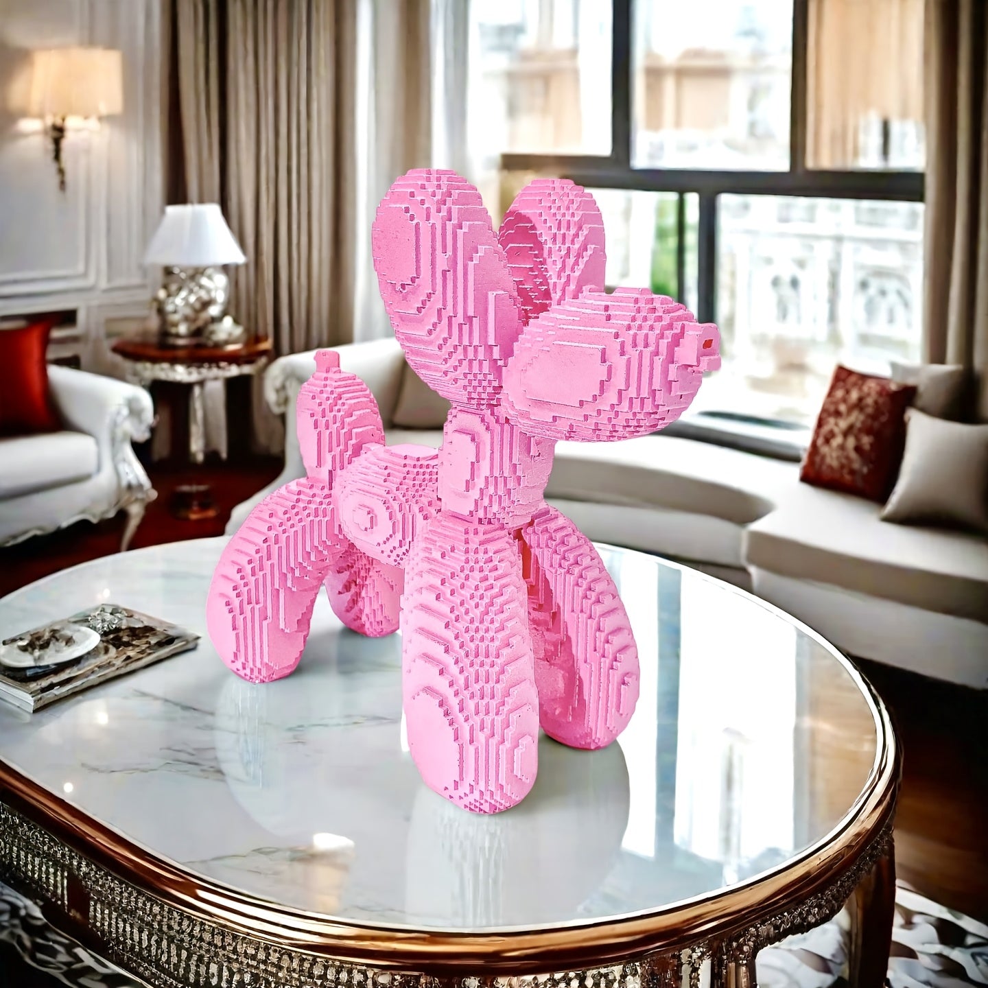 Tnessential One Pink Balloon Dog Statue Designed Like a Building Block 3D Decor