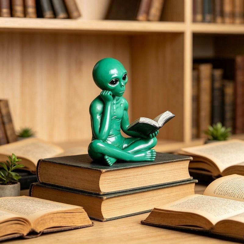 Tnessential Alien Figurine Reading Book Statue 3D Decor