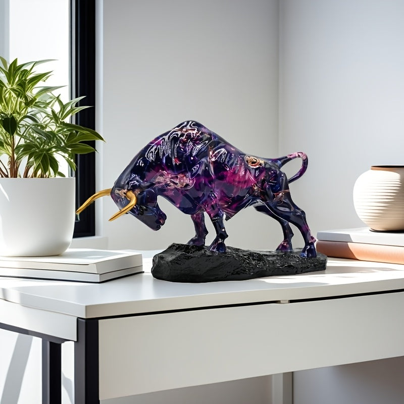 Tnessential Majestic Purple Resin Bull Statue with Golden Horns 3D Decor