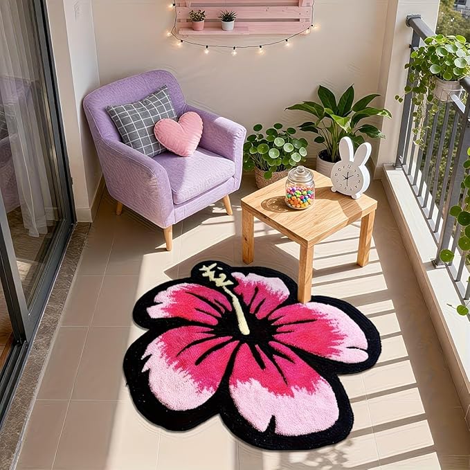 CUTE PINK AND BLACK FLOWER RUG