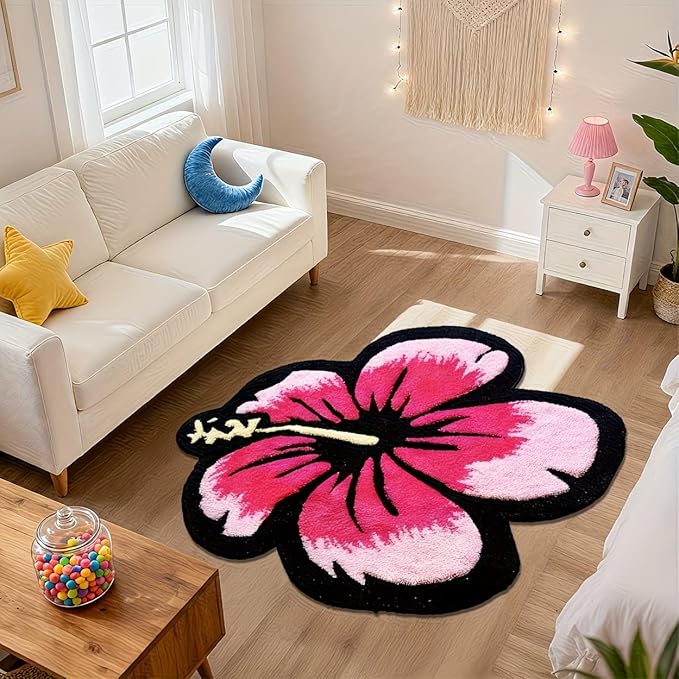 Cute Pink and Black Flower Rug