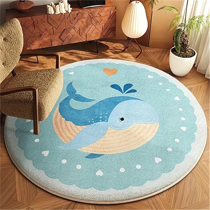 CUTE BLUE WHALE ROUND RUG
