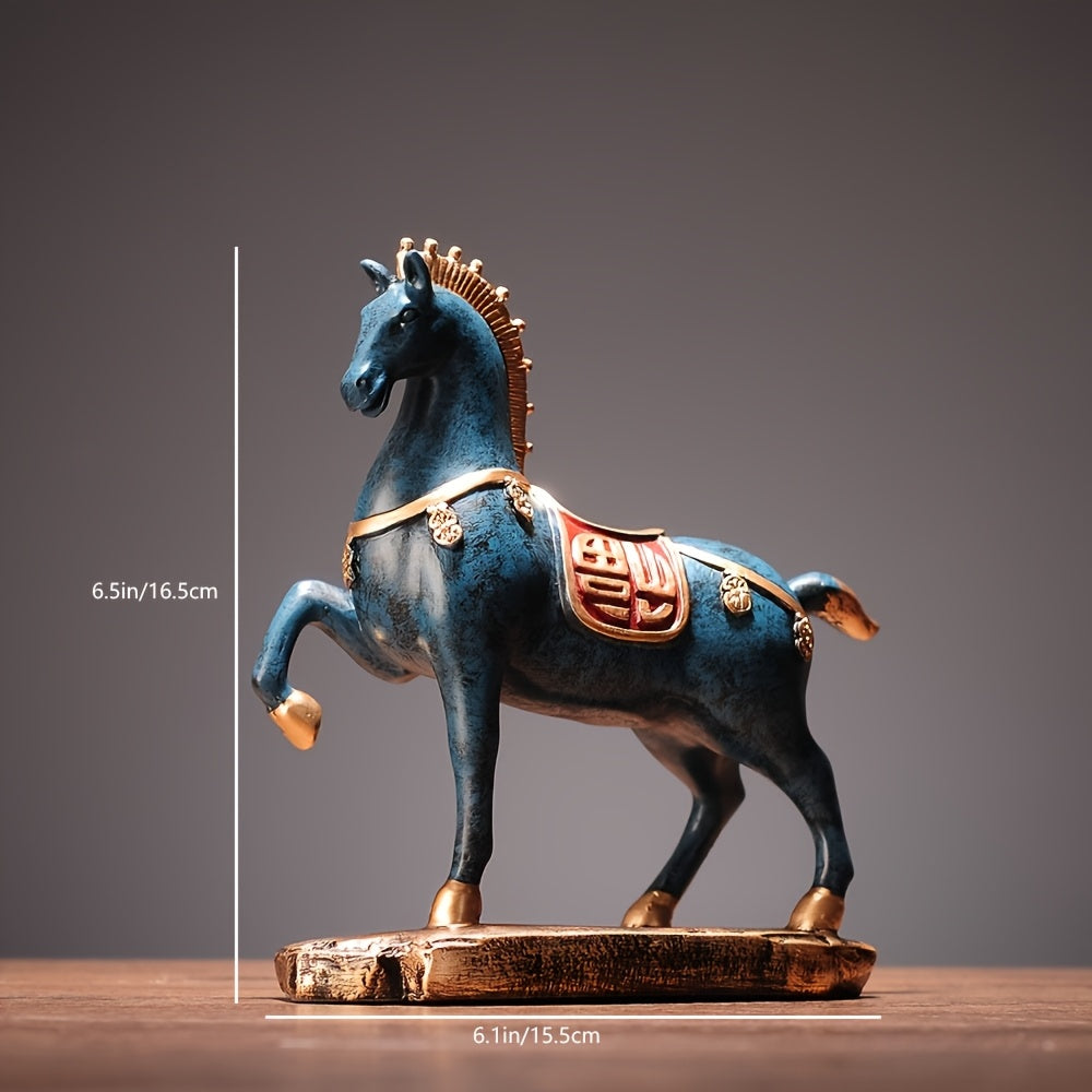 Tnessential Elegant Hand-painted Blue and Golden Horse Sculpture 3D Decor