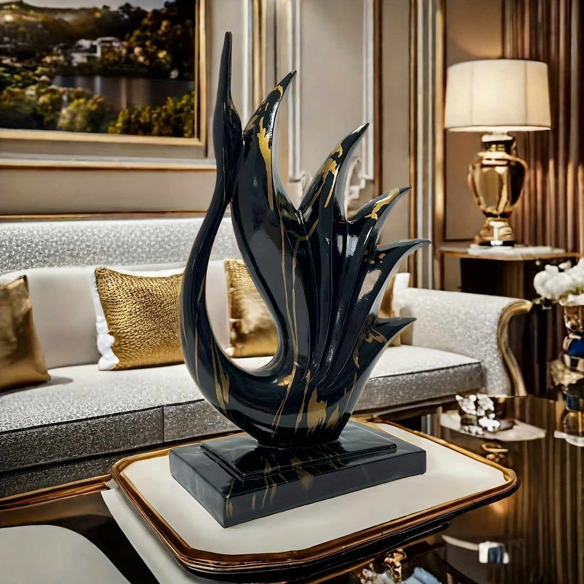 Tnessential Black Golden Elegant Dancing Swan Resin Sculpture 3D Decor