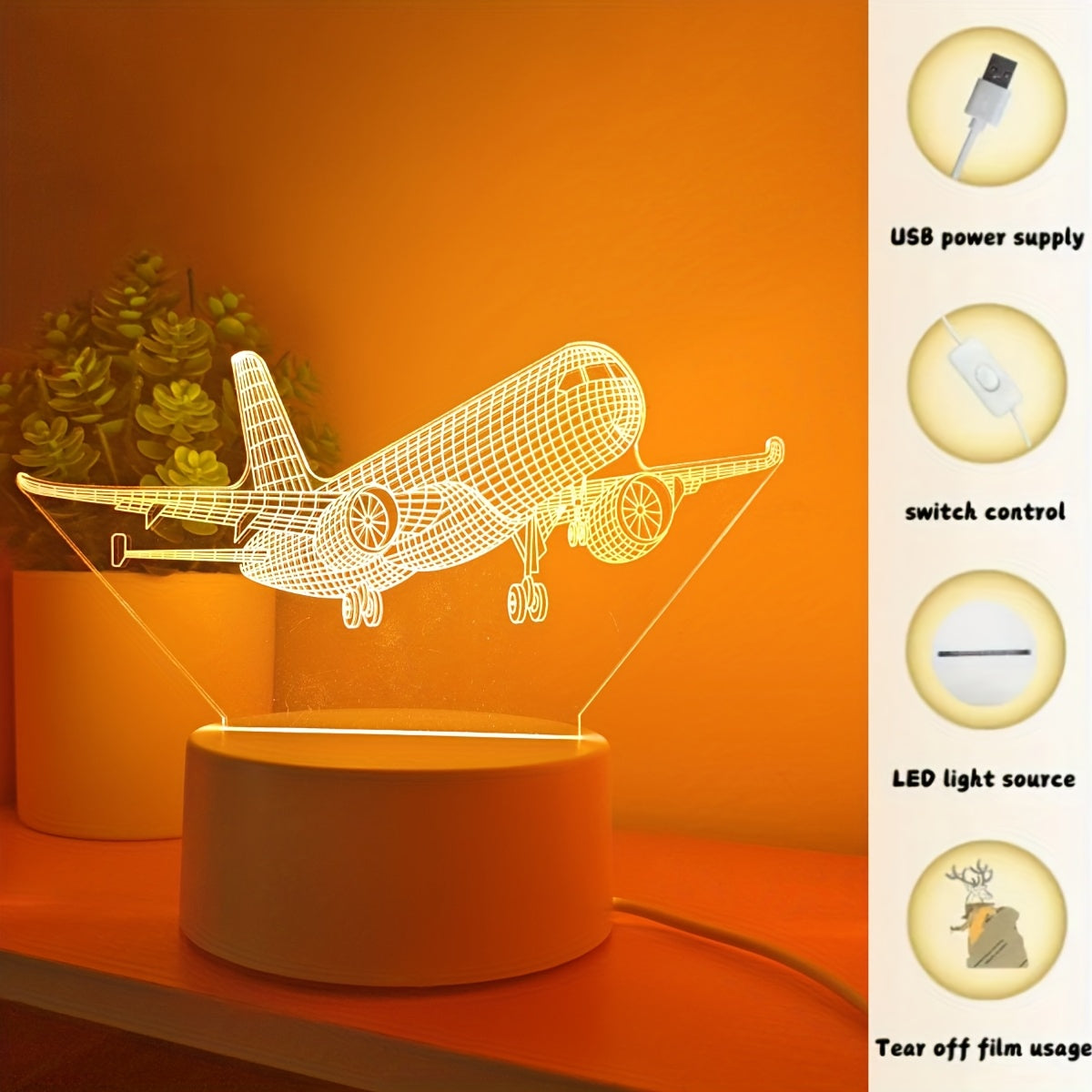 Tnessential Creative Airplane 3D Night Light with Switch Button Control 3D Decor
