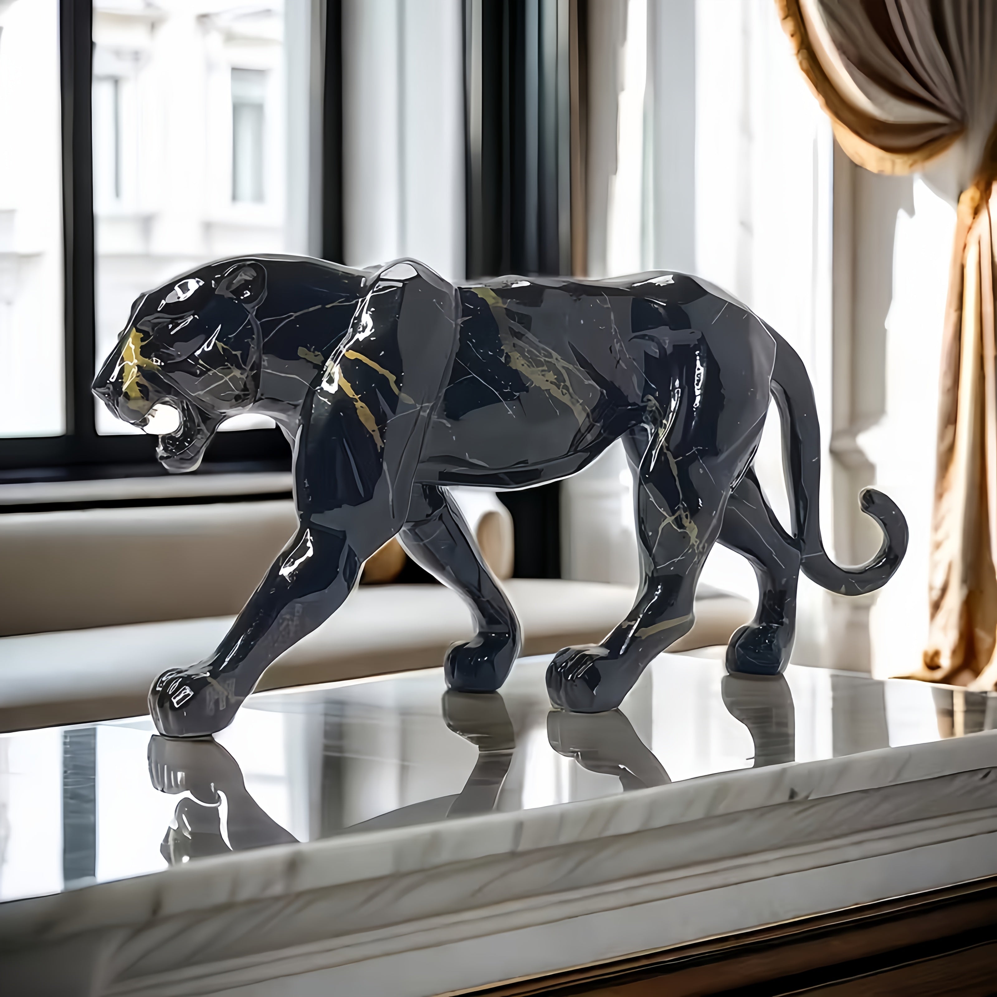 Tnessential Creative Black and Golden Cheetah Resin Statue 3D Decor