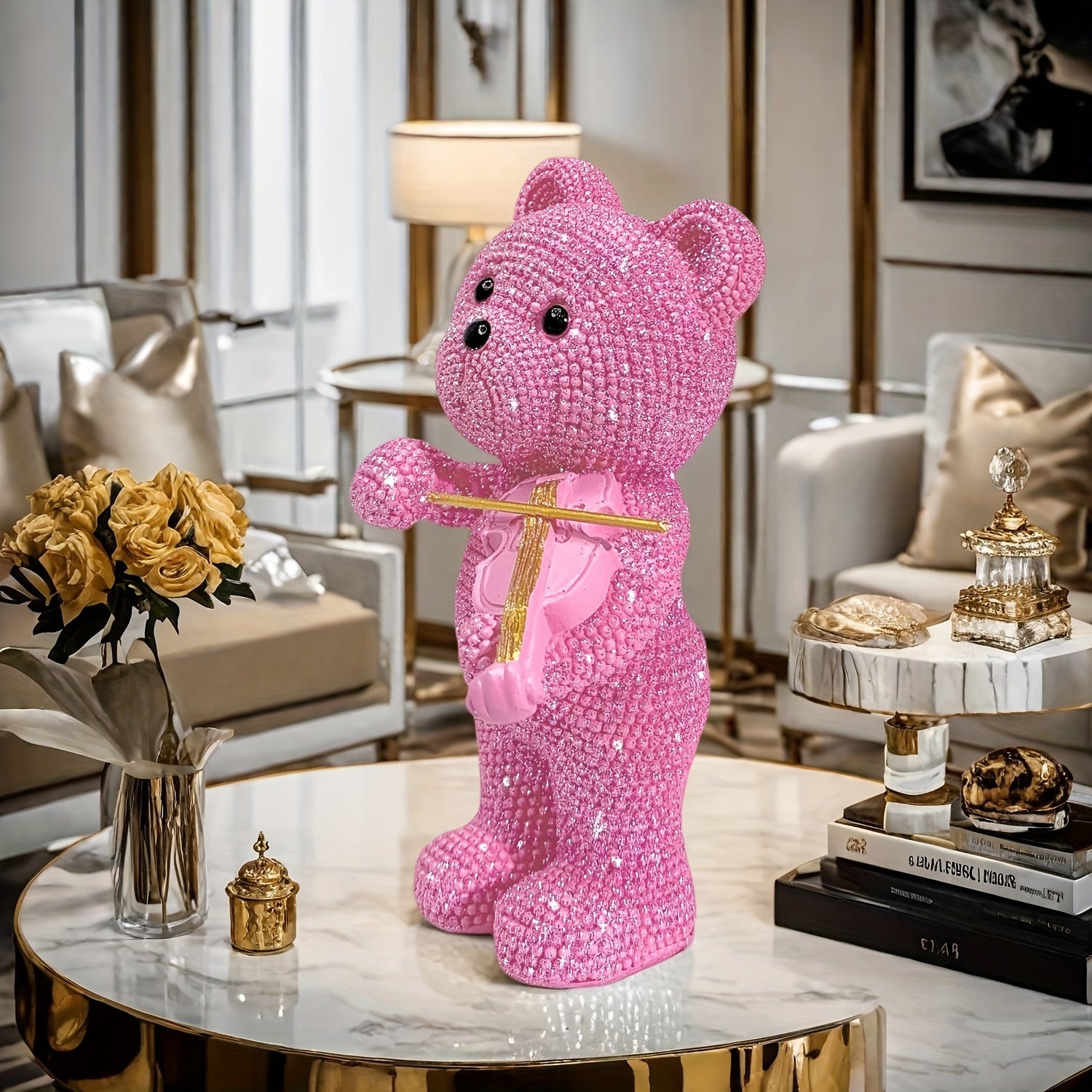 Tnessential Beautiful Beaded Bear Violinist Statue 3D Decor