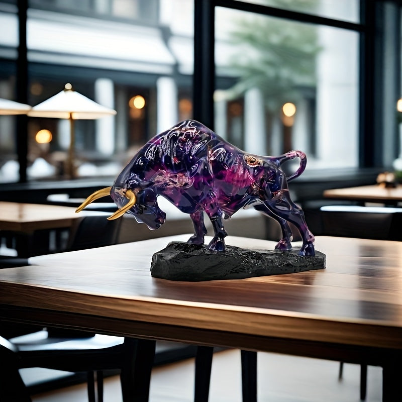 Tnessential Majestic Purple Resin Bull Statue with Golden Horns 3D Decor